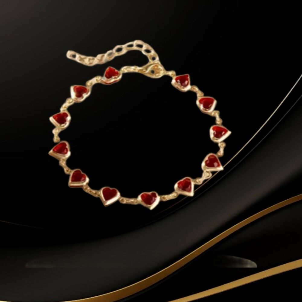 Gold Red Heart Resin Link Bracelet Adjustable Hearts
